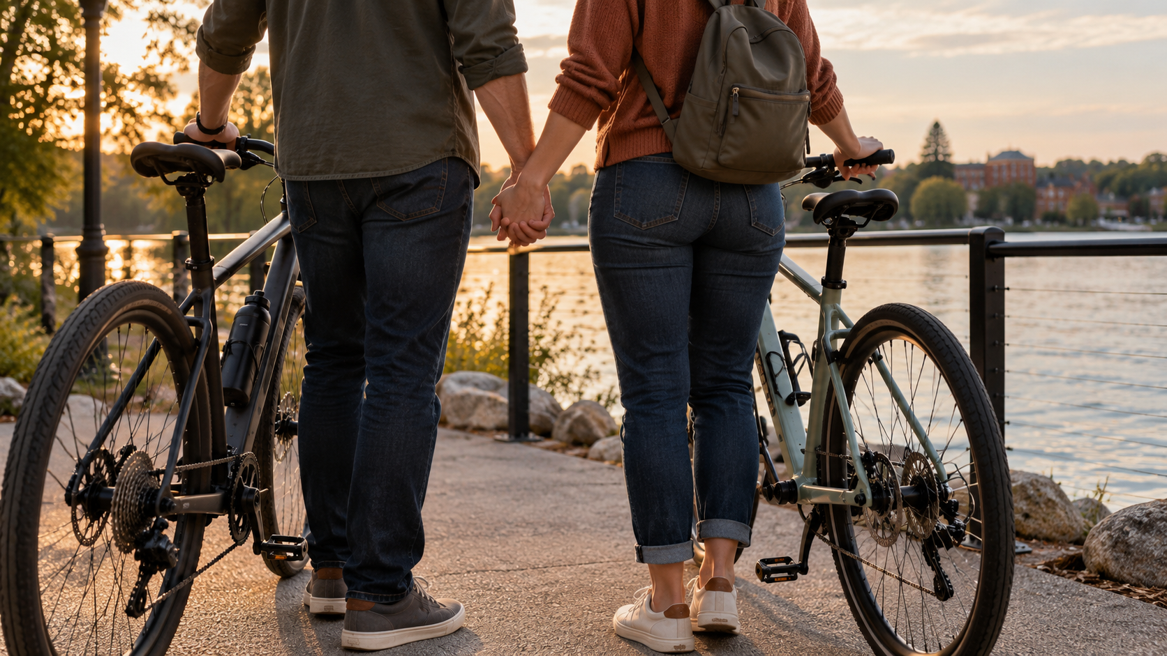 Two adults holding hands beside bicycles on a modern lakeside path